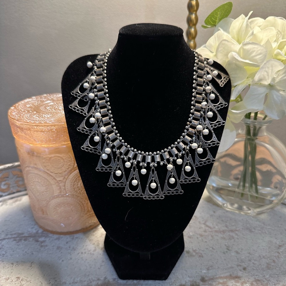 1960s Vendome Silver Tone Dangle Bib Necklace Midcentury Modern